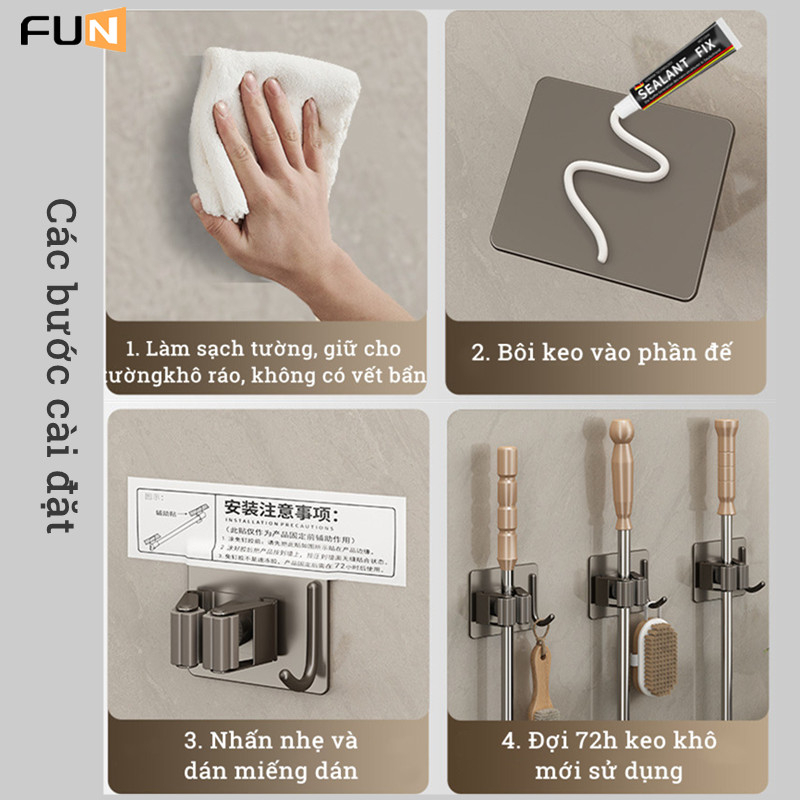 Giá giữ cây lau nhà dạng kẹp không cần khoan lỗ siêu bám dính dành cho nhà vệ sinh