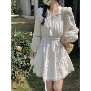 Đầm midi tay dài cổ chữ v phối ren hoa thiết kế dáng rộng thời trang hàn quốc