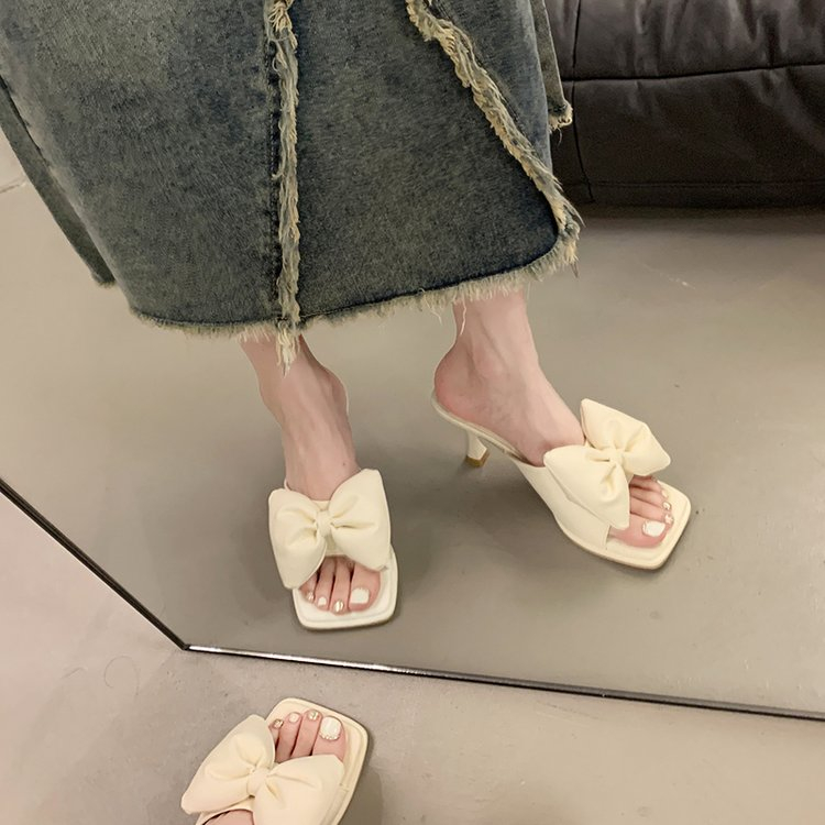 Giày Cao Gót Mũi Vuông Đính Nơ Xinh Xắn Thời Trang Cho Nữ