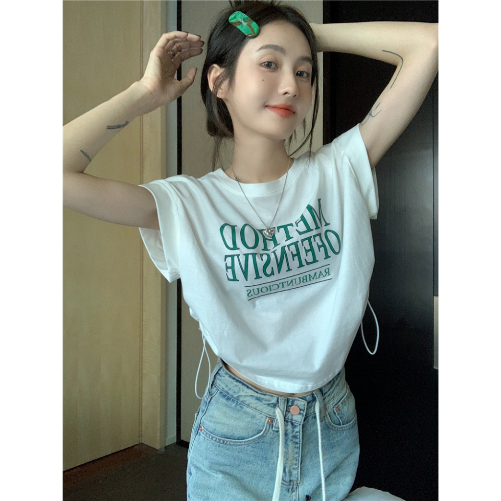 ZHELIHANGFEI Áo Thun Ngắn Tay Phối Dây Rút Phong Cách HIPHOP Mỹ Cho Nữ