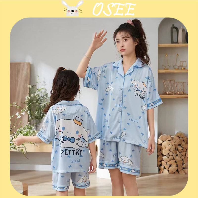 Bộ Đồ Ngủ Ngắn Tay Bằng Lụa Mát In Hình Chuột Mickey Dành Cho Mẹ Và Bé Gái