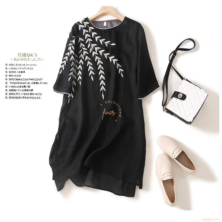 Đầm cotton Lanh Dài Vừa Dáng Rộng Xẻ Tà Thêu Họa Tiết Mùa Hè