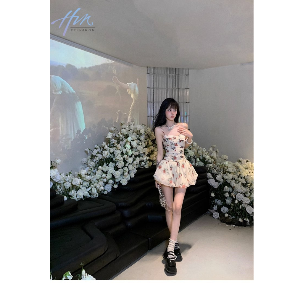 Đầm Công Chúa Ngắn Hai Dây Tay Phồng In Họa Tiết Tranh Sơn Dầu Kiểu Pháp Thời Trang Mùa Hè Cho Nữ