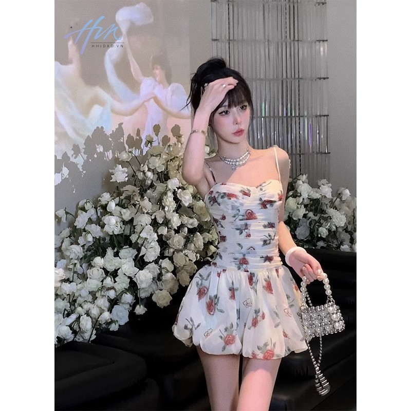 Đầm Công Chúa Ngắn Hai Dây Tay Phồng In Họa Tiết Tranh Sơn Dầu Kiểu Pháp Thời Trang Mùa Hè Cho Nữ
