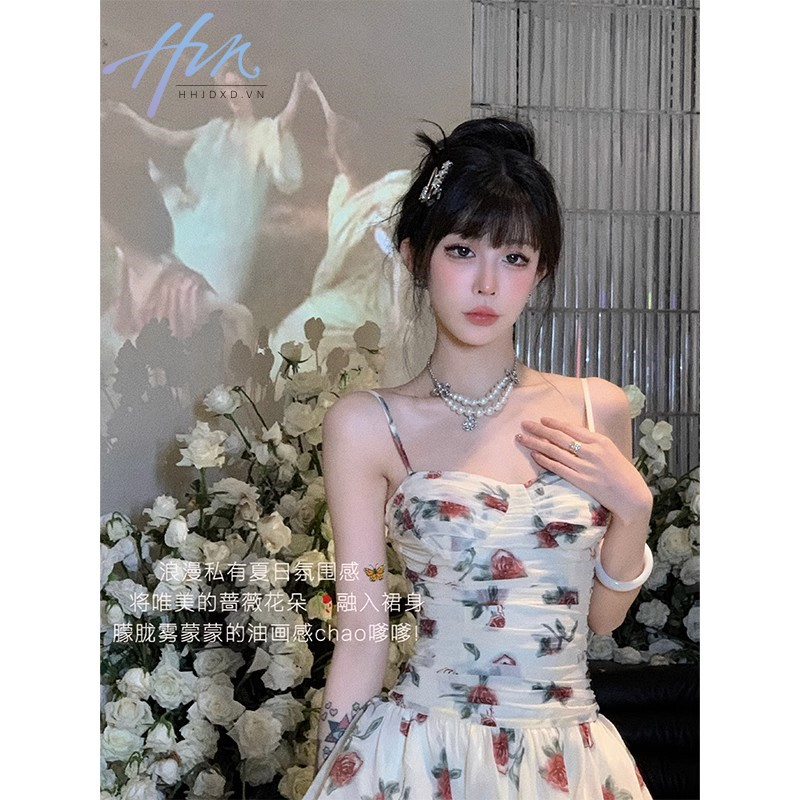 Đầm Công Chúa Ngắn Hai Dây Tay Phồng In Họa Tiết Tranh Sơn Dầu Kiểu Pháp Thời Trang Mùa Hè Cho Nữ