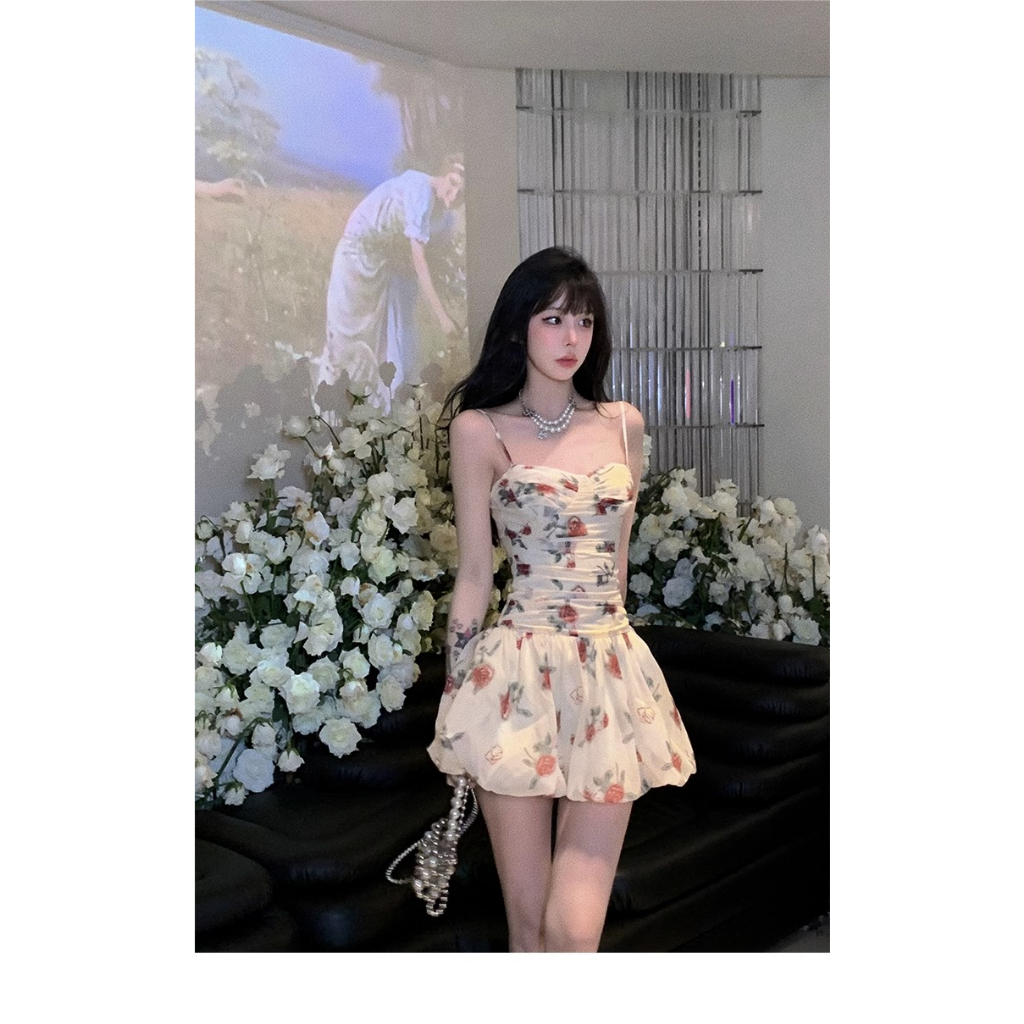 Đầm Công Chúa Ngắn Hai Dây Tay Phồng In Họa Tiết Tranh Sơn Dầu Kiểu Pháp Thời Trang Mùa Hè Cho Nữ