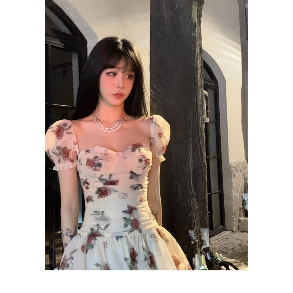 Đầm Công Chúa Ngắn Hai Dây Tay Phồng In Họa Tiết Tranh Sơn Dầu Kiểu Pháp Thời Trang Mùa Hè Cho Nữ