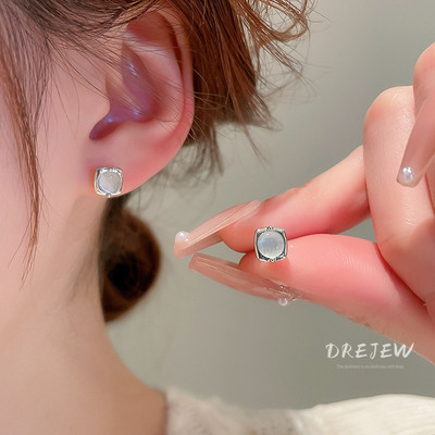 DREJEW Bông Tai Đính Đá Mắt Mèo Hình Vuông Nhỏ Đơn Giản Cá Tính Thời Trang