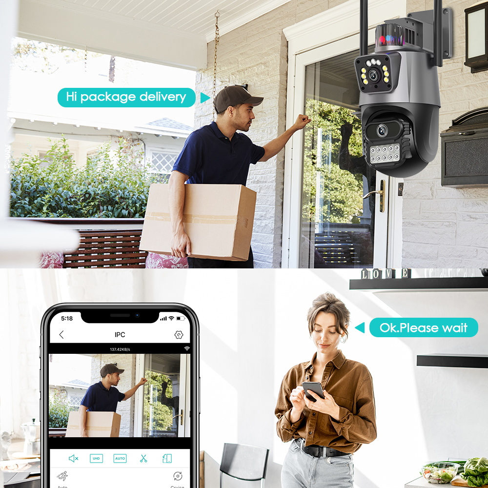 LLSEE, icsee, camera 2 mắt, camera wifi không dây ngoài trời 4K, 6MP góc siêu rộng Ultra HD, xem màu ban đêm, đèn báo động, cuộc gọi hai chiều, xoay 360 độ trên điện thoại di động xem đồng thời,