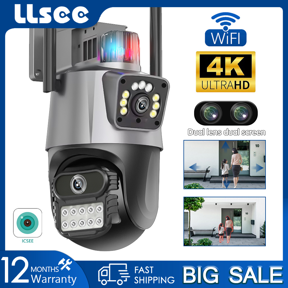 LLSEE, icsee, camera 2 mắt, camera wifi không dây ngoài trời 4K, 6MP góc siêu rộng Ultra HD, xem màu ban đêm, đèn báo động, cuộc gọi hai chiều, xoay 360 độ trên điện thoại di động xem đồng thời,