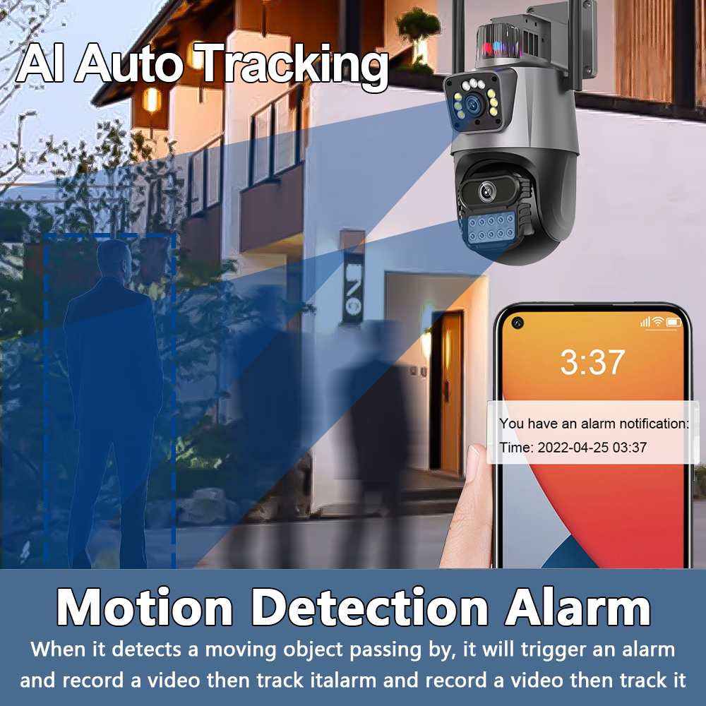 LLSEE, icsee, camera 2 mắt, camera wifi không dây ngoài trời 4K, 6MP góc siêu rộng Ultra HD, xem màu ban đêm, đèn báo động, cuộc gọi hai chiều, xoay 360 độ trên điện thoại di động xem đồng thời,