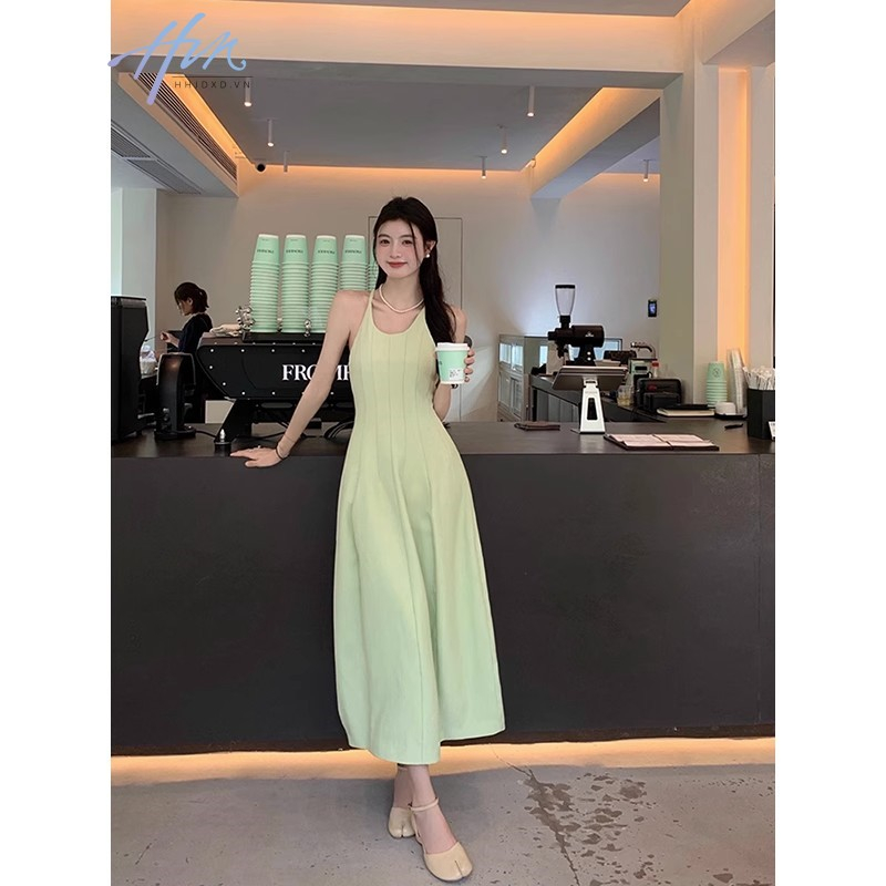 Đầm Hai Dây Dáng Dài Ôm Eo Màu Xanh Lá Thời Trang Mùa Hè Cho Nữ