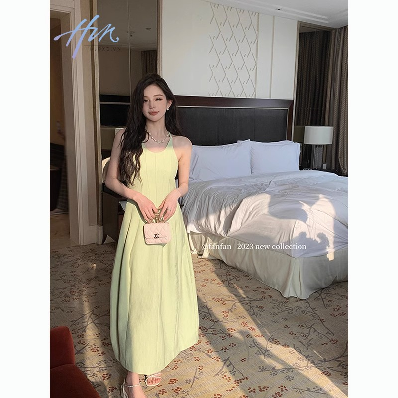 Đầm Hai Dây Dáng Dài Ôm Eo Màu Xanh Lá Thời Trang Mùa Hè Cho Nữ