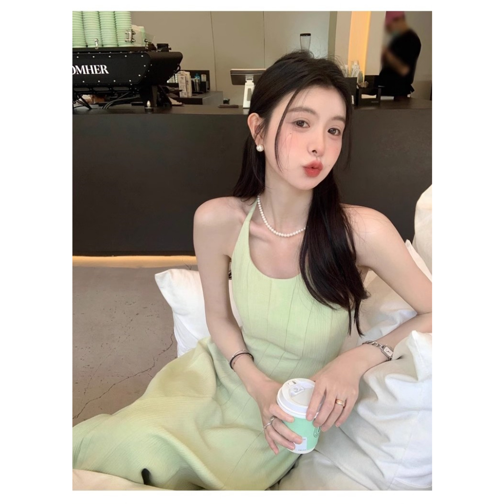 Đầm Hai Dây Dáng Dài Ôm Eo Màu Xanh Lá Thời Trang Mùa Hè Cho Nữ