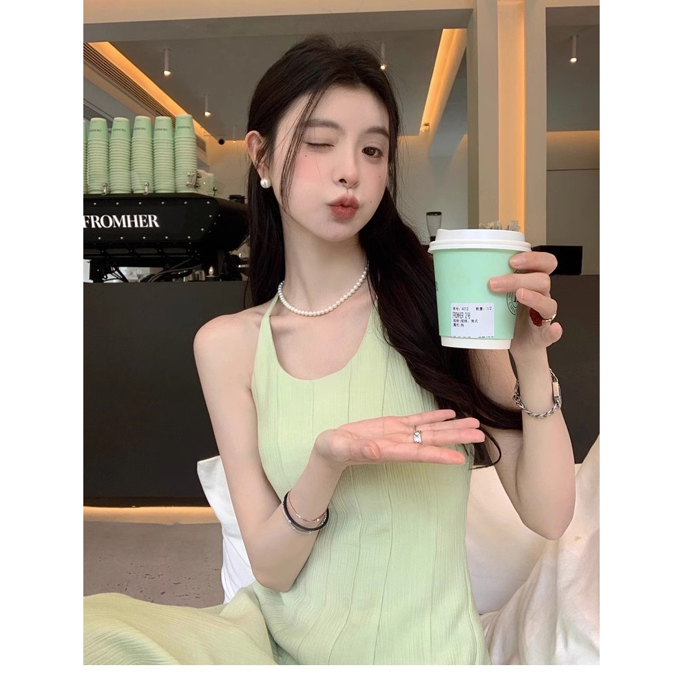 Đầm Hai Dây Dáng Dài Ôm Eo Màu Xanh Lá Thời Trang Mùa Hè Cho Nữ