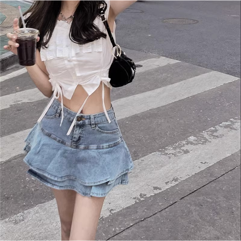Loxcavin. chân váy bò Lưng Cao size Lớn Phong Cách Hàn Quốc