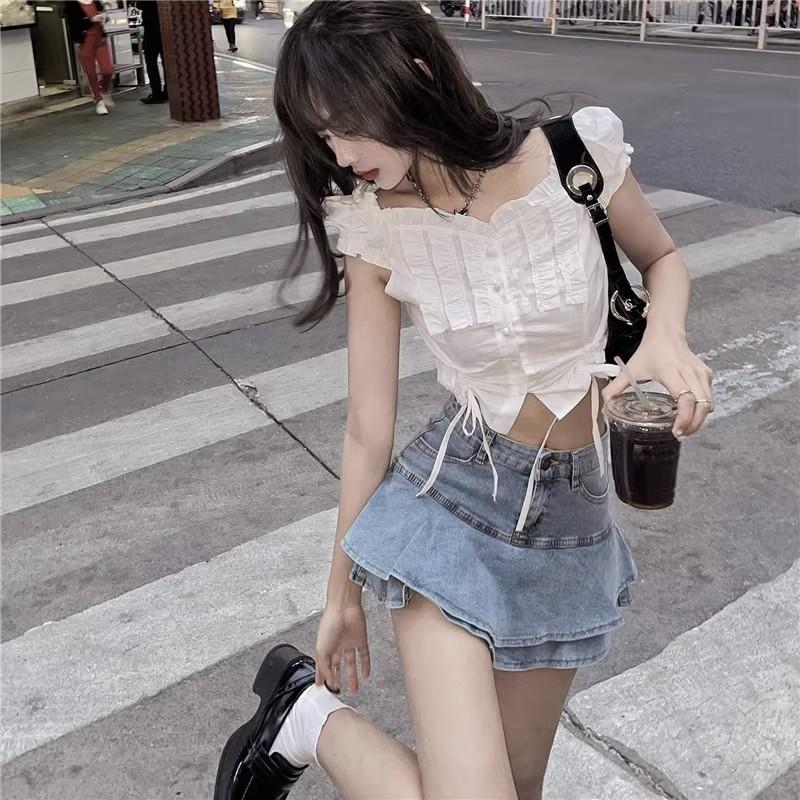 Loxcavin. chân váy bò Lưng Cao size Lớn Phong Cách Hàn Quốc