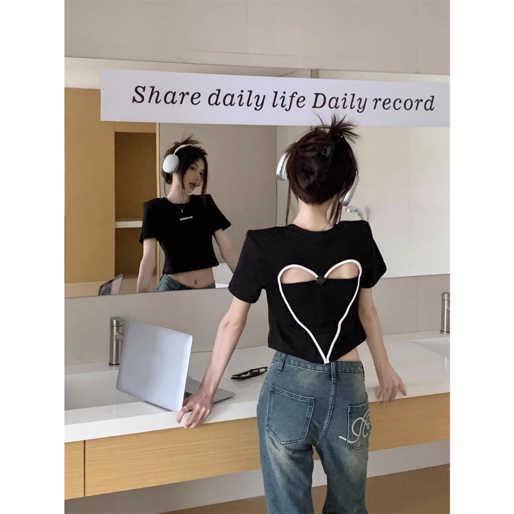 HUANG YOYO Áo Thun Croptop Tay Ngắn Cổ Tròn Dáng Ôm Khoét Lỗ Hình Trái Tim Thời Trang Mùa Hè Cho Bạn Gái