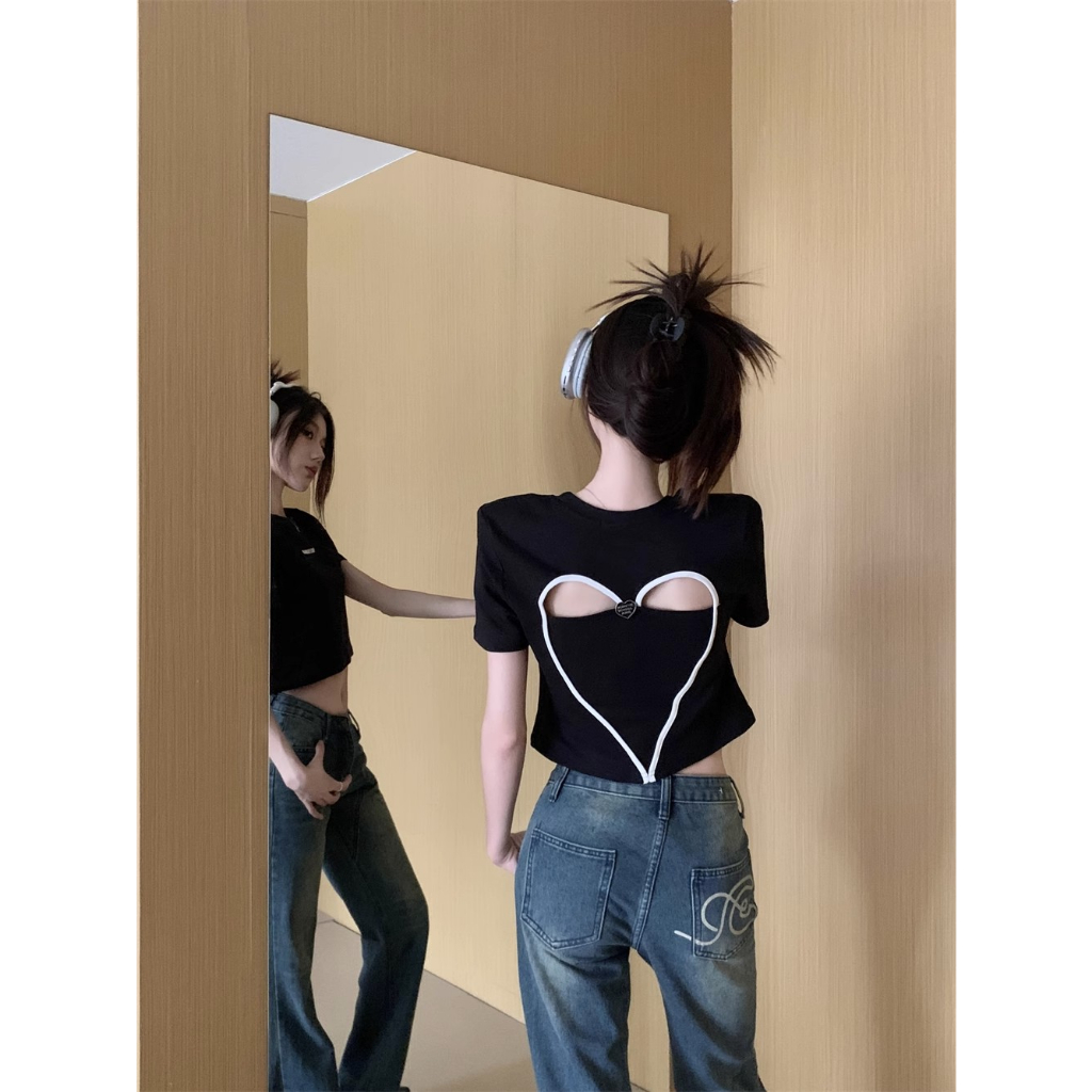 HUANG YOYO Áo Thun Croptop Tay Ngắn Cổ Tròn Dáng Ôm Khoét Lỗ Hình Trái Tim Thời Trang Mùa Hè Cho Bạn Gái