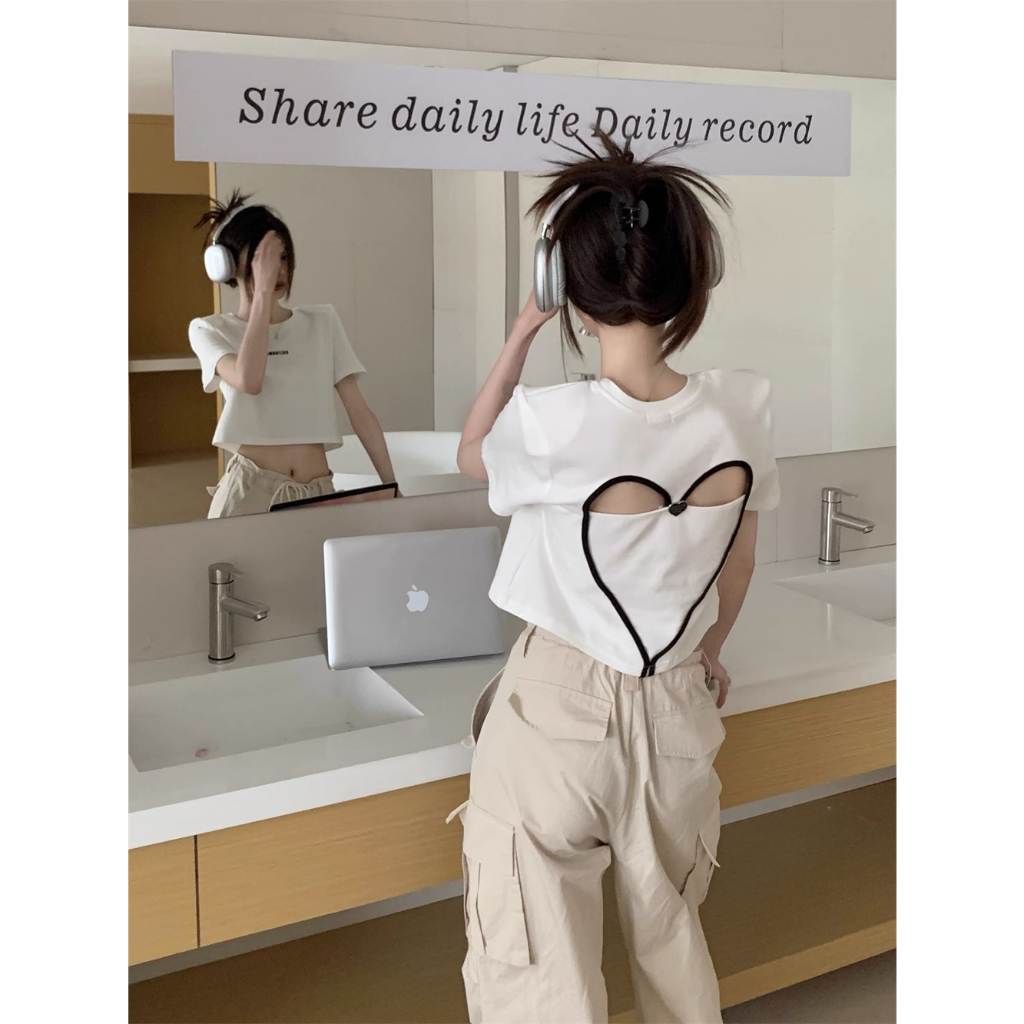HUANG YOYO Áo Thun Croptop Tay Ngắn Cổ Tròn Dáng Ôm Khoét Lỗ Hình Trái Tim Thời Trang Mùa Hè Cho Bạn Gái