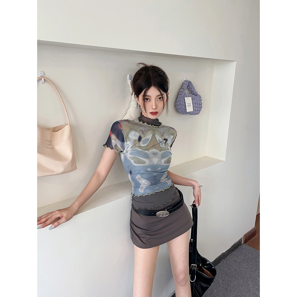 Lalisas Áo Thun Tay Ngắn Cổ Cao Phối Lưới Ôm Dáng In Họa Tiết Màu Nhuộm Thời Trang Cho Nữ