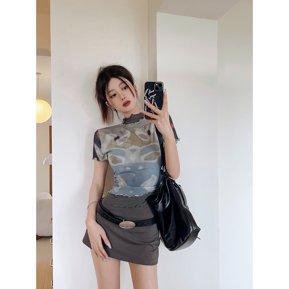 Lalisas Áo Thun Tay Ngắn Cổ Cao Phối Lưới Ôm Dáng In Họa Tiết Màu Nhuộm Thời Trang Cho Nữ