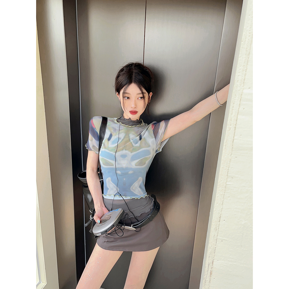 Lalisas Áo Thun Tay Ngắn Cổ Cao Phối Lưới Ôm Dáng In Họa Tiết Màu Nhuộm Thời Trang Cho Nữ