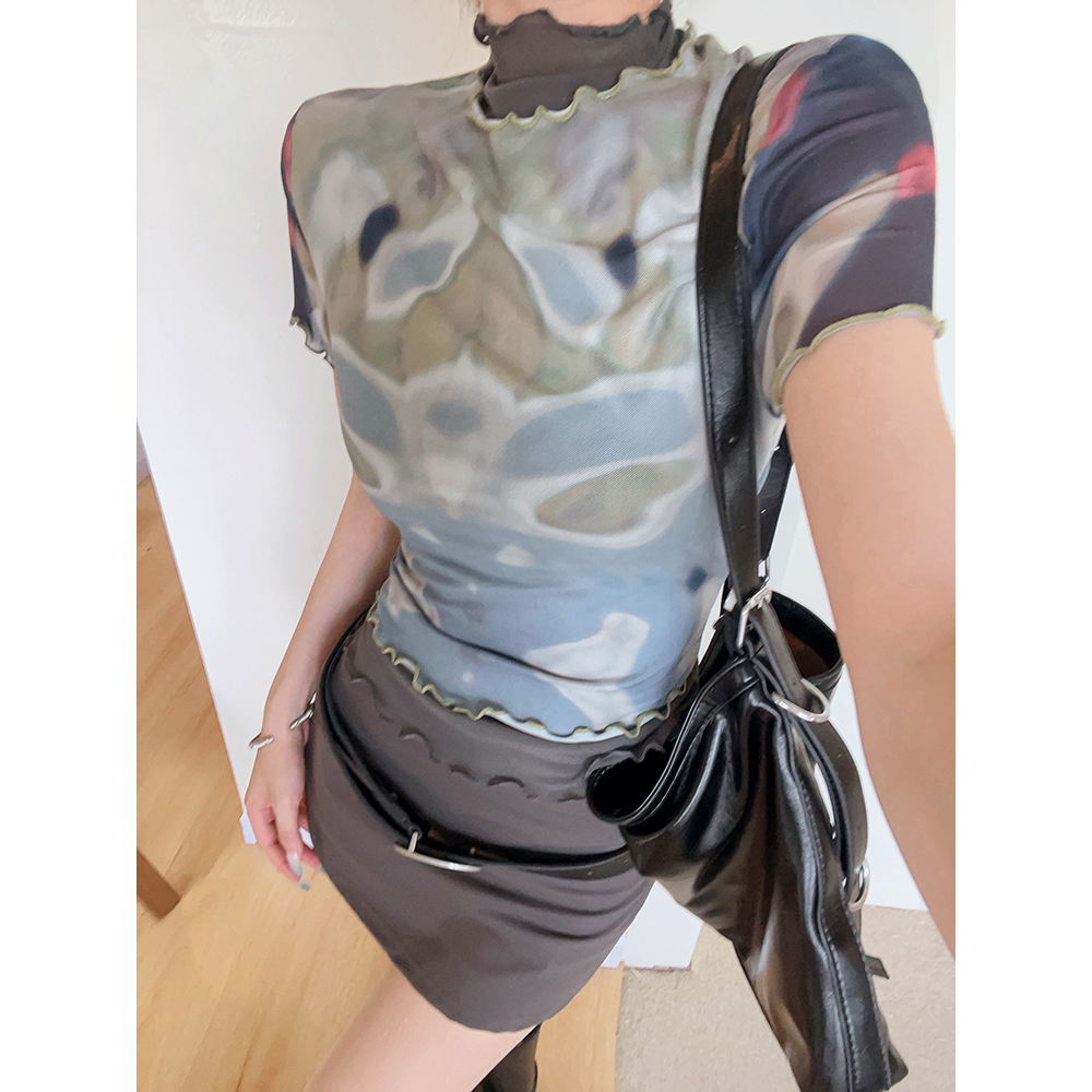 Lalisas Áo Thun Tay Ngắn Cổ Cao Phối Lưới Ôm Dáng In Họa Tiết Màu Nhuộm Thời Trang Cho Nữ