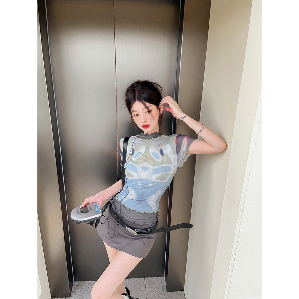 Lalisas Áo Thun Tay Ngắn Cổ Cao Phối Lưới Ôm Dáng In Họa Tiết Màu Nhuộm Thời Trang Cho Nữ