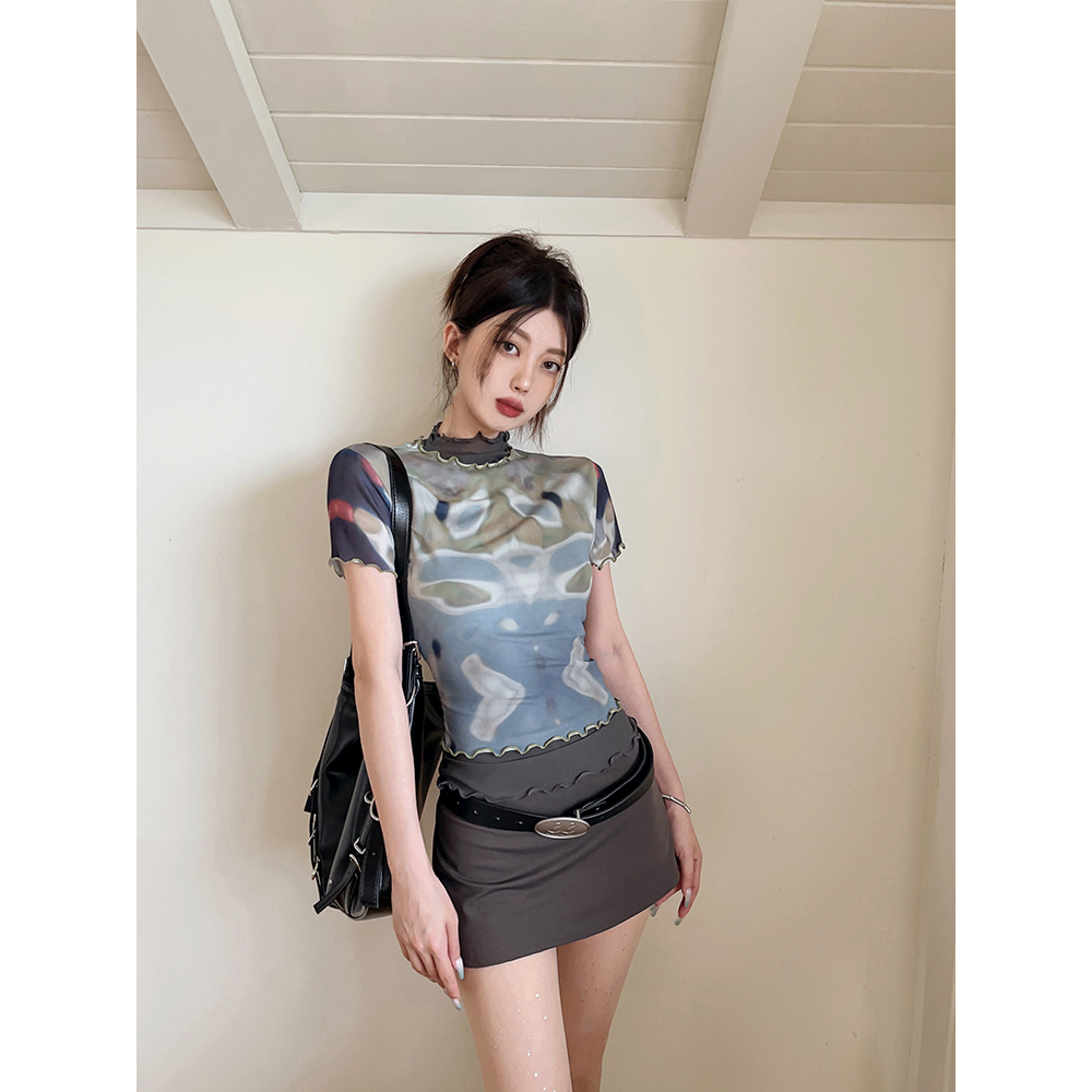 Lalisas Áo Thun Tay Ngắn Cổ Cao Phối Lưới Ôm Dáng In Họa Tiết Màu Nhuộm Thời Trang Cho Nữ