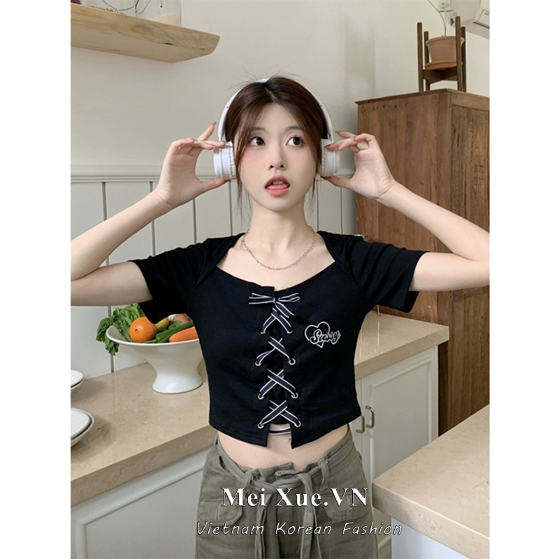 LANJIEXI Áo Thun Lửng Hở Vai Dáng Ôm Cột Dây Eo Cao Cổ Điển Ngọt Ngào Cho Nữ @ -
