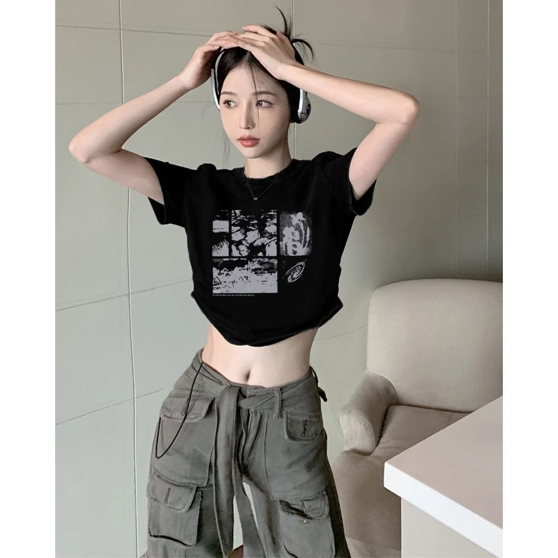 Cocory vn Áo Croptop Tay Ngắn Y2k In Họa Tiết Thời Trang Mùa Hè Cho Nữ