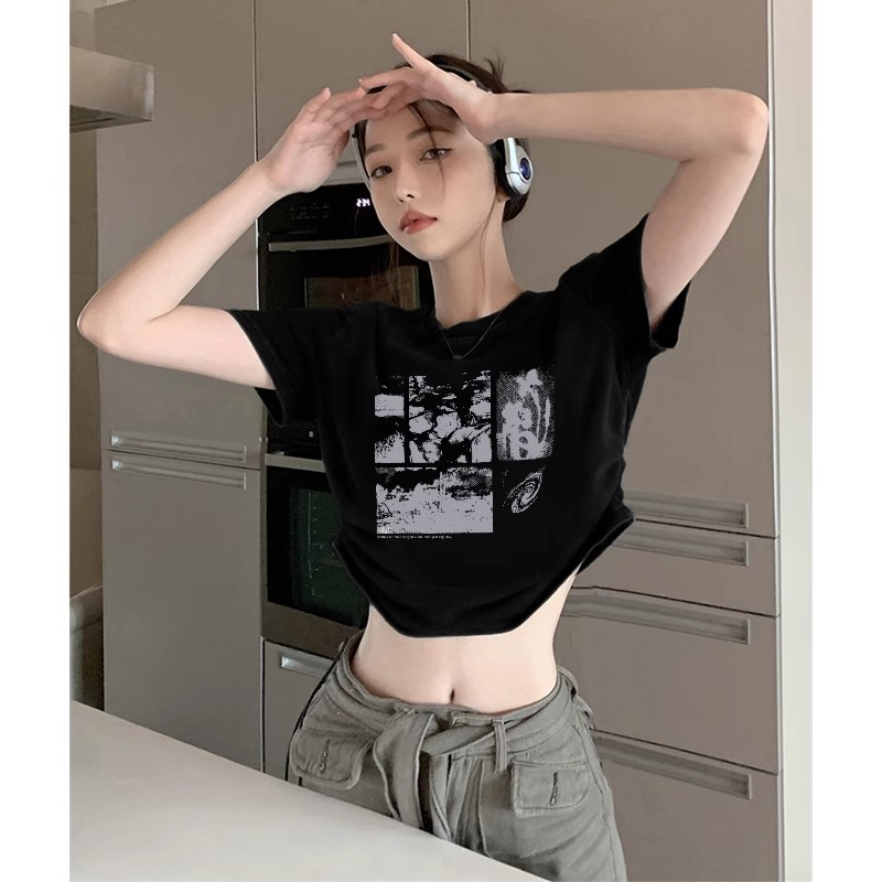Cocory vn Áo Croptop Tay Ngắn Y2k In Họa Tiết Thời Trang Mùa Hè Cho Nữ