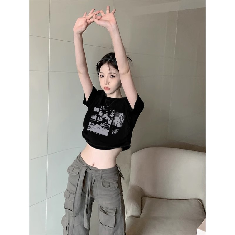 Cocory vn Áo Croptop Tay Ngắn Y2k In Họa Tiết Thời Trang Mùa Hè Cho Nữ