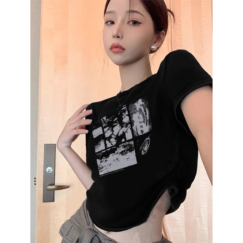 Cocory vn Áo Croptop Tay Ngắn Y2k In Họa Tiết Thời Trang Mùa Hè Cho Nữ