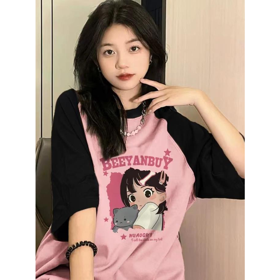 Jiashucheng Áo Thun Nữ Ngắn Tay Dáng Rộng Phối Màu Sắc Tương Phản Phong Cách Hàn Quốc