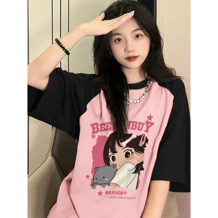 Jiashucheng Áo Thun Nữ Ngắn Tay Dáng Rộng Phối Màu Sắc Tương Phản Phong Cách Hàn Quốc