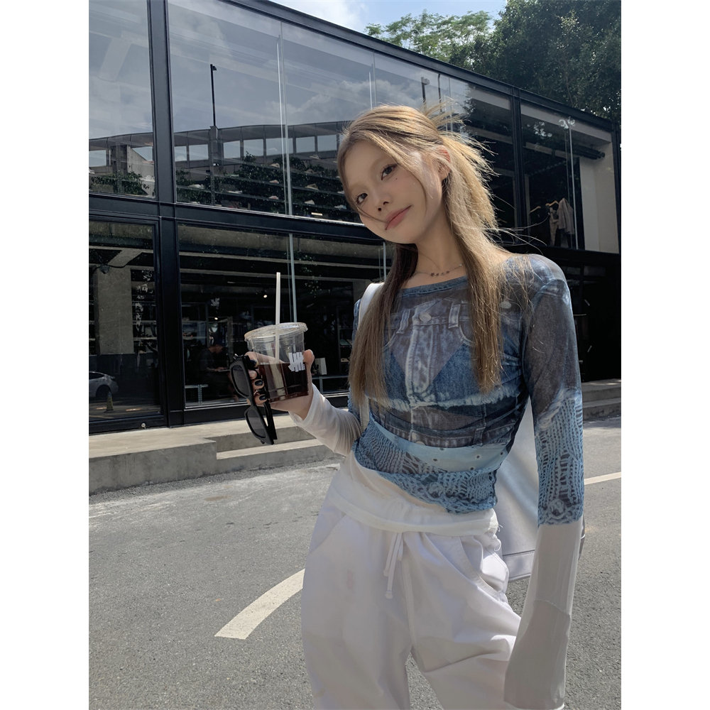 【JMWOMEN】Áo Thun Tay Dài Chống Nắng In Họa Tiết Màu Xanh Dương