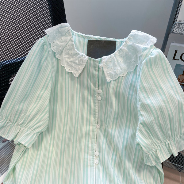 Áo Sơ Mi Tay Ngắn Cổ Búp Bê Họa Tiết Kẻ Sọc Phối Ren Thời Trang Mùa Hè Dành Cho Nữ