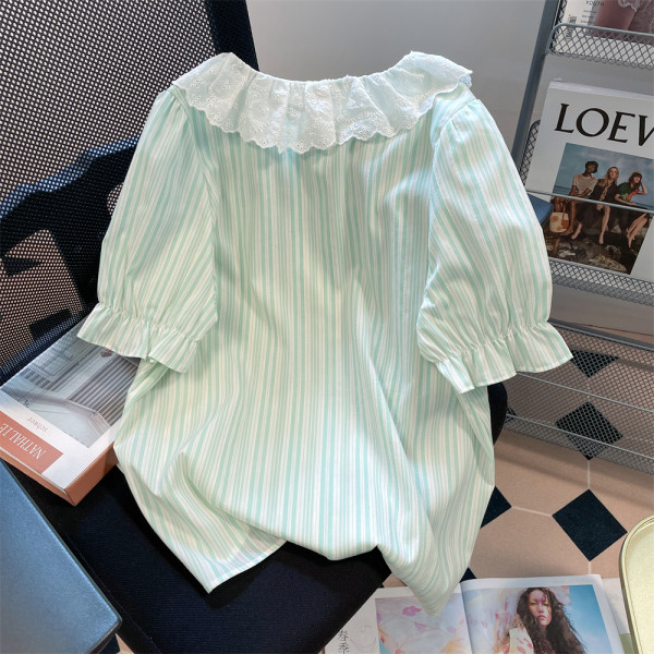 Áo Sơ Mi Tay Ngắn Cổ Búp Bê Họa Tiết Kẻ Sọc Phối Ren Thời Trang Mùa Hè Dành Cho Nữ