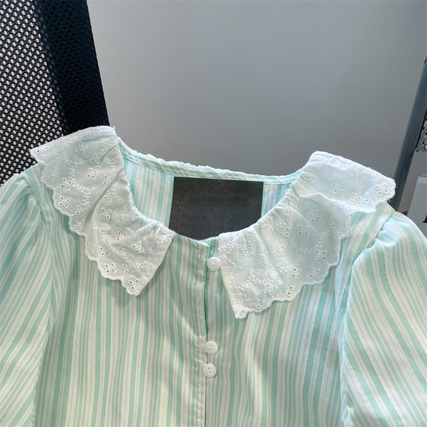 Áo Sơ Mi Tay Ngắn Cổ Búp Bê Họa Tiết Kẻ Sọc Phối Ren Thời Trang Mùa Hè Dành Cho Nữ