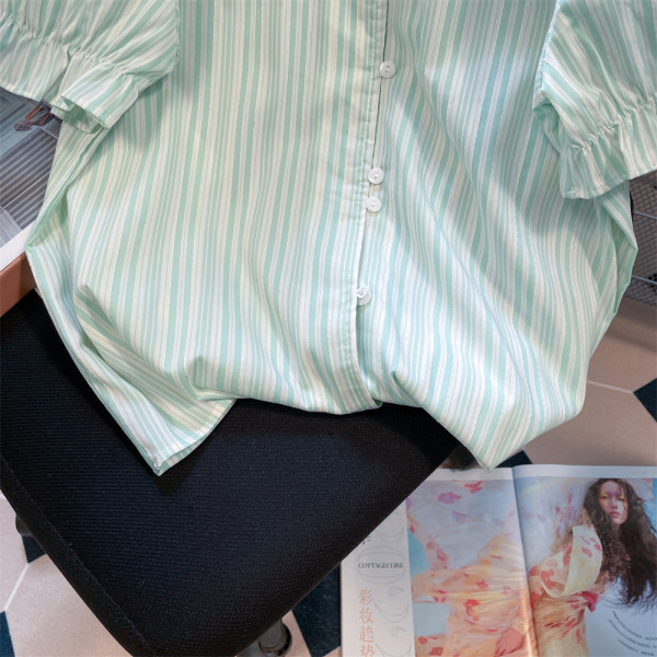 Áo Sơ Mi Tay Ngắn Cổ Búp Bê Họa Tiết Kẻ Sọc Phối Ren Thời Trang Mùa Hè Dành Cho Nữ