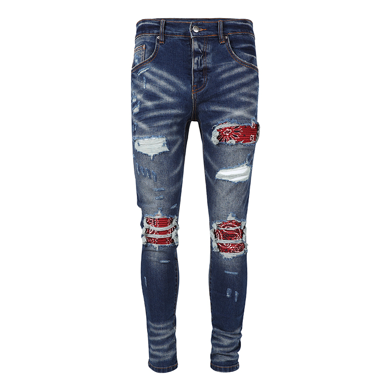 AMIRI High Street Fashion Men Jeans Blue Vintage Tight Red Print Patch Button placket Design Men Hip Hop Brand Jeans