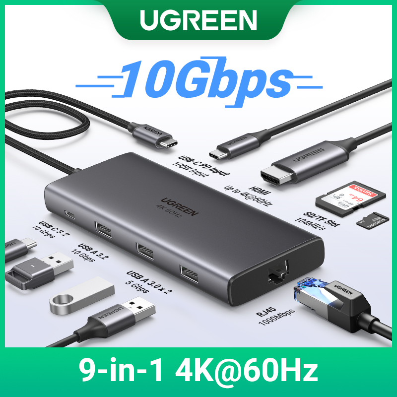 Hub UGREEN 10Gbps USB C 3.0 4K60Hz Type C sang HDMI RJ45 Ethernet PD100W thích hợp cho MacBook iPad Huawei Sumsang PC