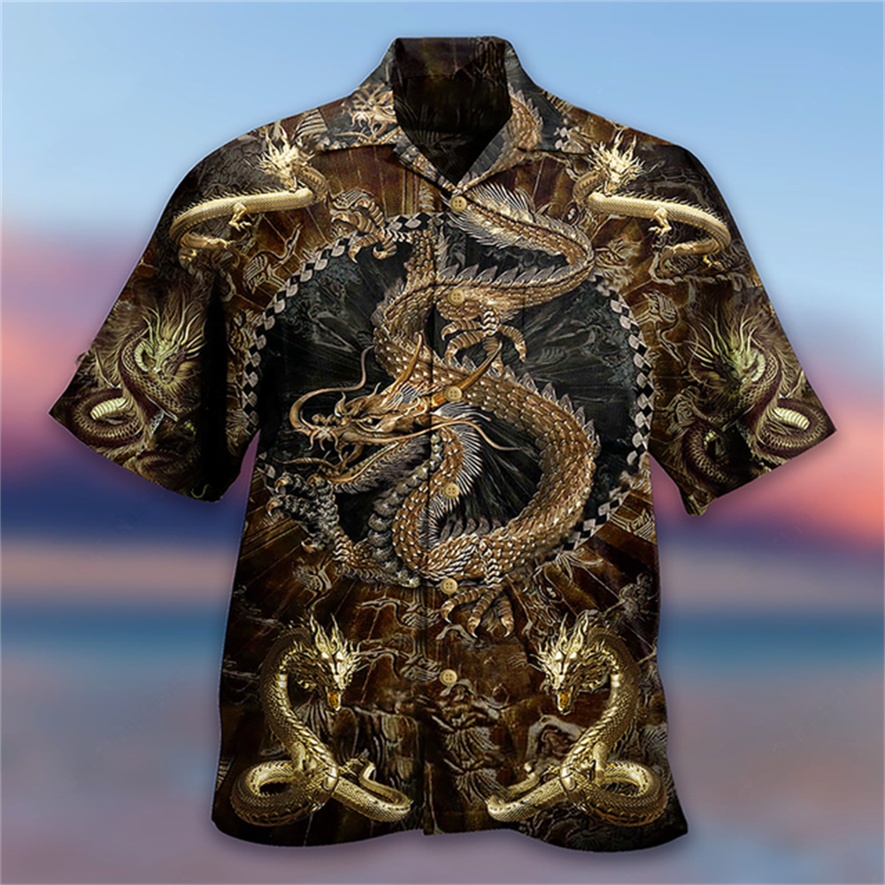 Áo Sơ Mi Tay Ngắn Dáng Rộng In Họa Tiết Rồng 3d Phong Cách Hawaii Thời Trang Mùa Hè Cho Nam