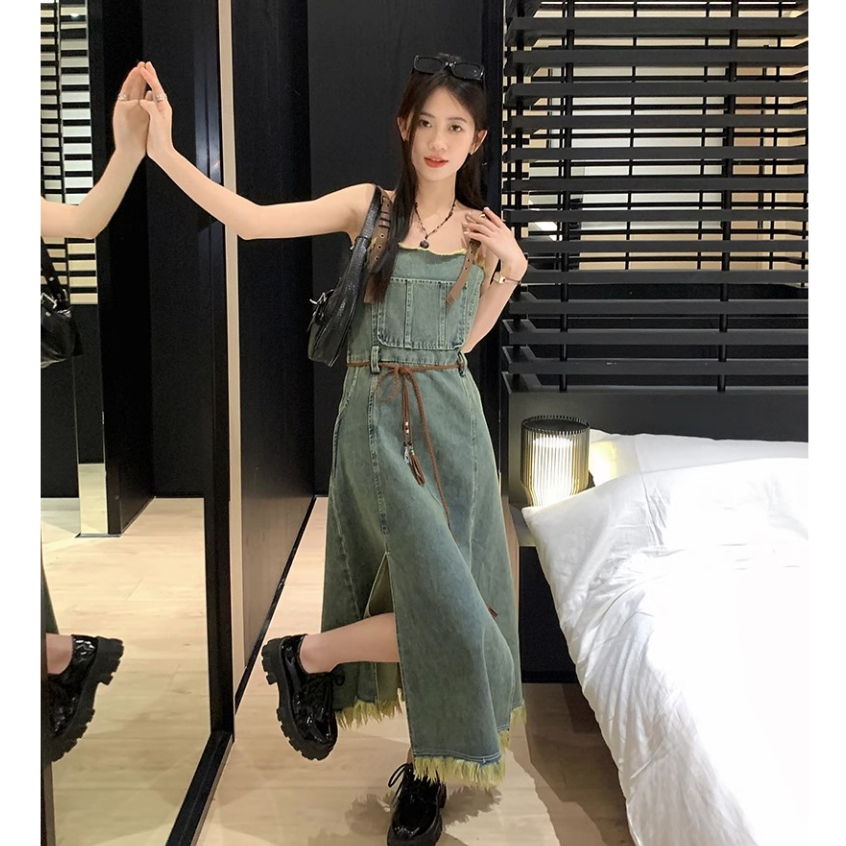 Loxcavin. Đầm Yếm denim Dáng Dài Cỡ Lớn Phong Cách retro Hàn Quốc Cổ Điển Cho Nữ ootd