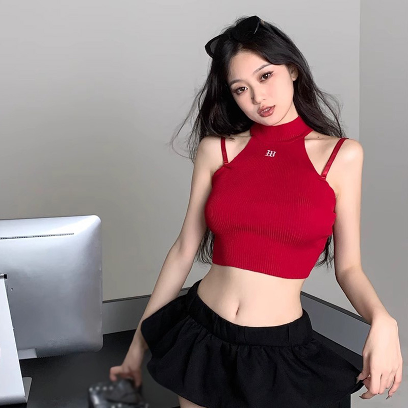 Áo Croptop Dệt Kim Hai Dây Dáng Ôm Thêu Họa Tiết Phong Cách Hàn Quốc Quyến Rũ Cho Nữ