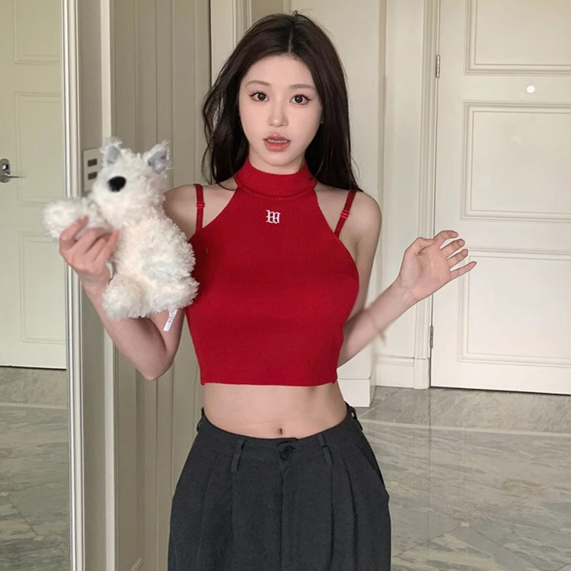 Áo Croptop Dệt Kim Hai Dây Dáng Ôm Thêu Họa Tiết Phong Cách Hàn Quốc Quyến Rũ Cho Nữ