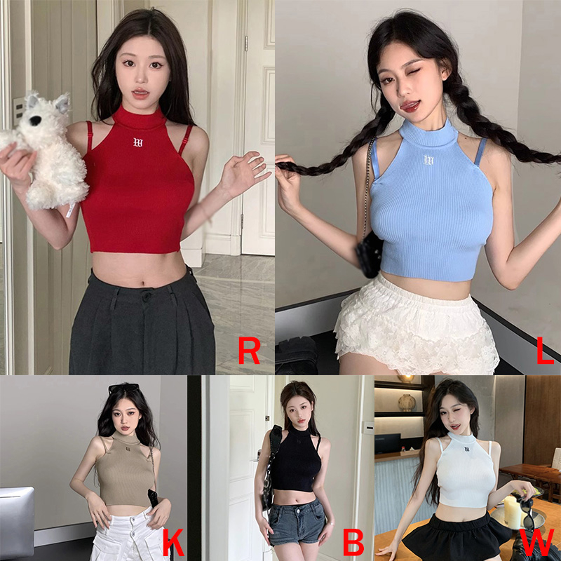 Áo Croptop Dệt Kim Hai Dây Dáng Ôm Thêu Họa Tiết Phong Cách Hàn Quốc Quyến Rũ Cho Nữ