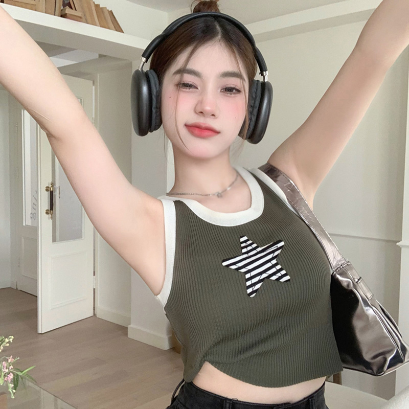 Áo Croptop Dệt Kim Sát Nách Cổ Tròn Hoạ Tiết Kẻ Sọc Cho Phái Nữ